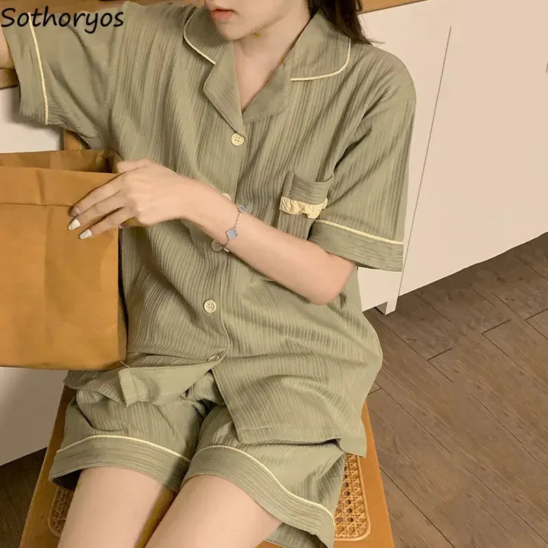 Pajama Sets Women Sleepwear Simple Panelled Breathable Japanese Style Home Casual Short-sleeve Clothing Girlish Daily Students