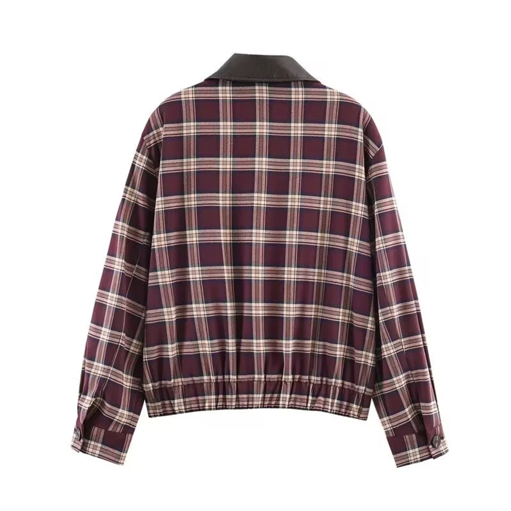 2025 Winter New Product Women's Fashion Leisure Versatile Flip Collar Long Sleeve Leather plaid Pilot Jacket Coat