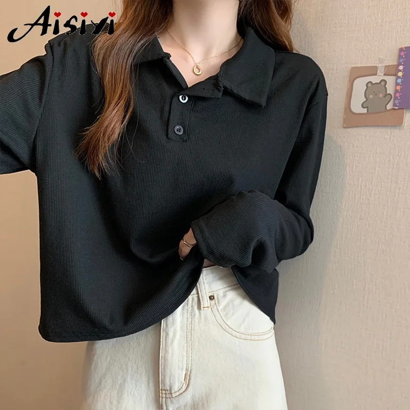 Women Polo Shirts Oversized Streetwear All Seasons Long Sleeves Crop Bottom Shirt Texture Layering T-Shirt Crop Tops