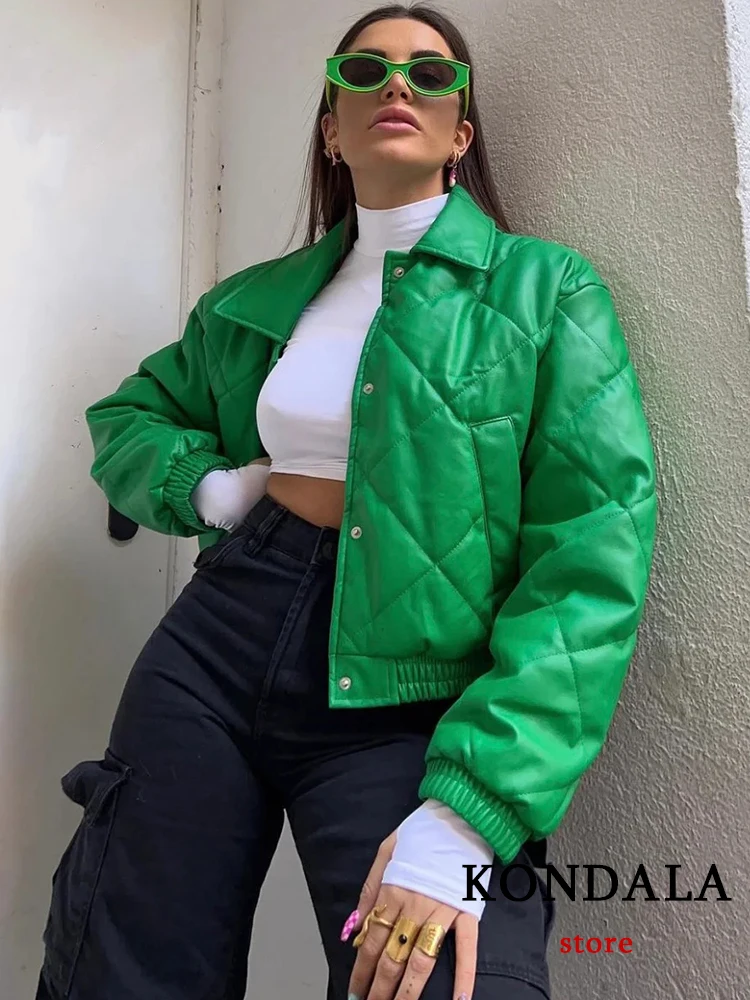 KONDALA Vintage Green Leather Loose Jackets Women Long Sleeve Single Buttons Turn Down Collar Coats Fashion 2022 Outwears