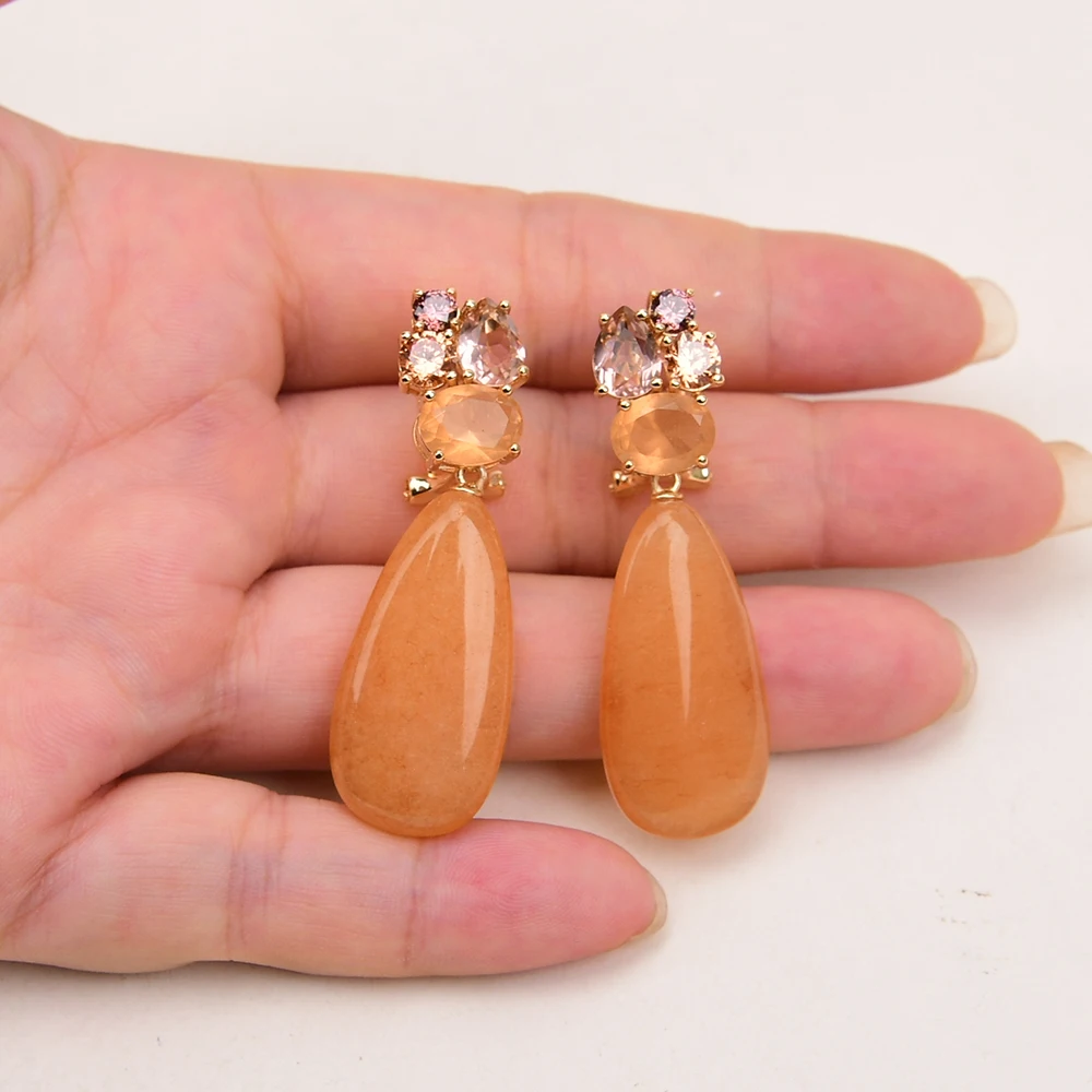 GG Natural Stone Yellow Jades Mix Color Crystal Gold Color Teardrop Stud Earrings Luxury Lady Party Jewelry Cute Gifts