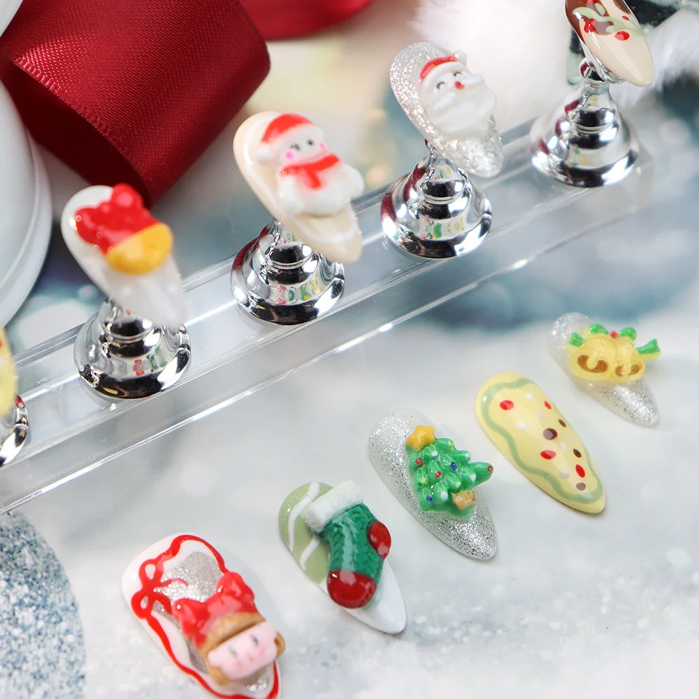 10pcs Handmade Christmas Press on Nails Santa Claus Snowman 3D Cartoon Cute False Nails Ins Almond Fake Nail Tips for Girls