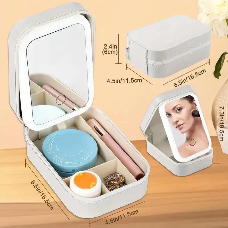 1pc Large Capacity Travel Makeup Case with LED Light and Built-in Mirror - Foldable, Dresser Mount, Glass Surface, Powder Coated
