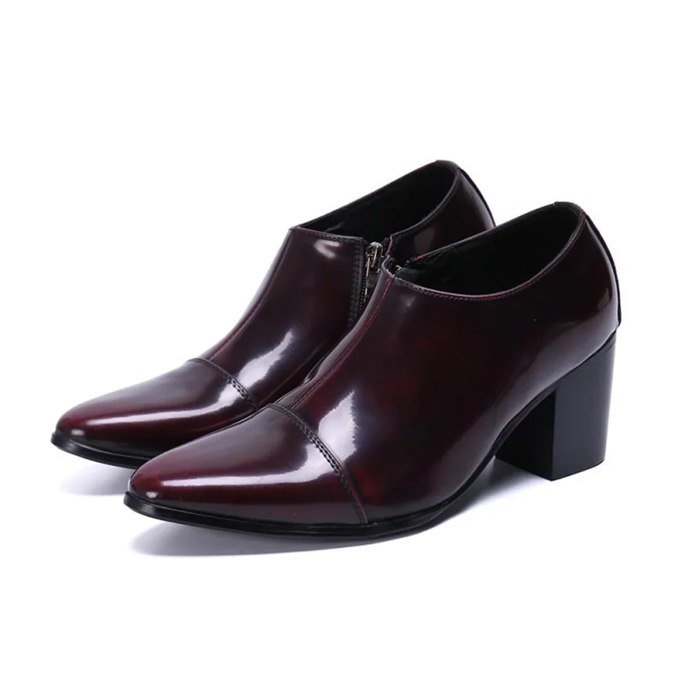 

Patent Leather High Heels Pointed Toe Ankle Boots Male Plus Size Zipper Fashion Party British Style Business Wedding Dress Shoes