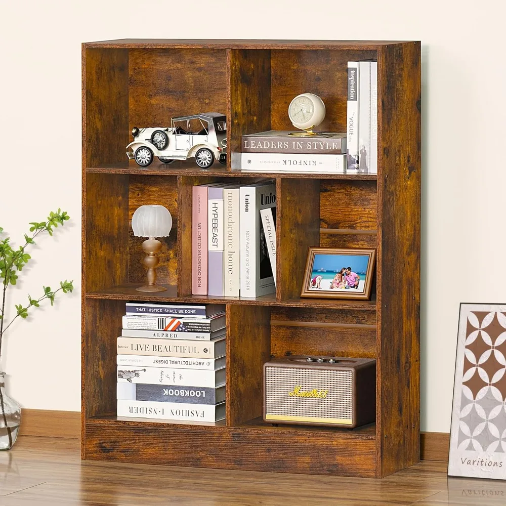 

7 Cube Bookshelf with Wood Base, Brown 3 Tier Mid-Century Modern Bookcase,Standing Wide Bookshelves Storage Organizer