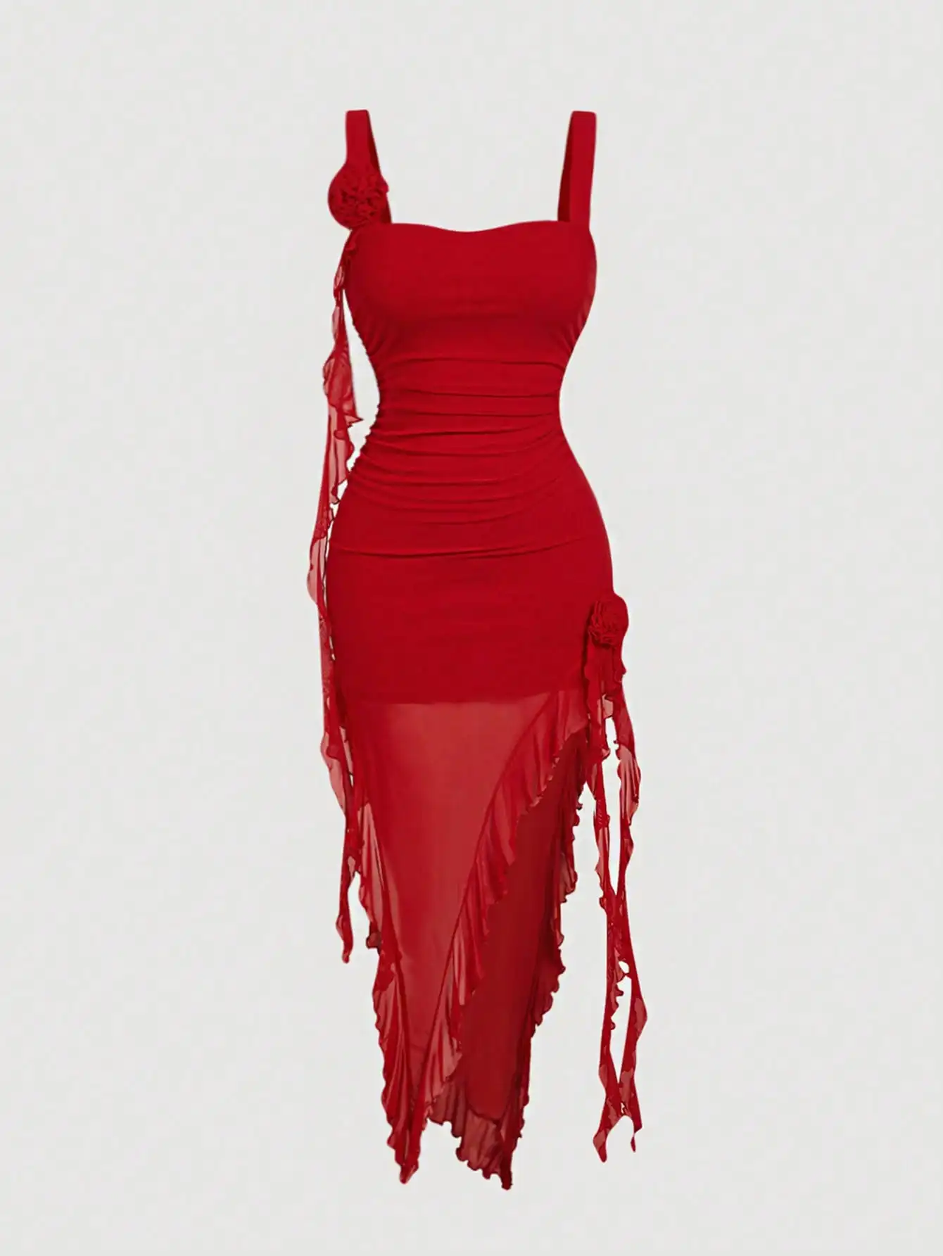 

Красное приталенное платье с драпировкой, 3D-цветочными аппликациями и прозрачным асимметричным подолом