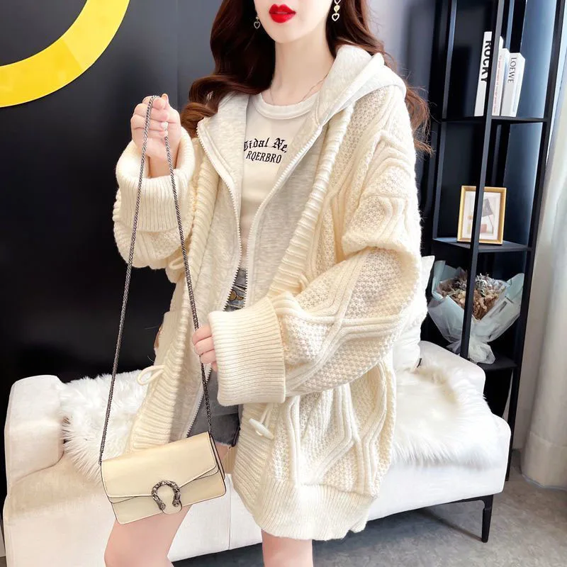 Autumn Winter Thick Warm Cardigan Sweater Women Fashion Fake Two Hooded Stitching Knitted Coats Loose Korean All Match Outwear