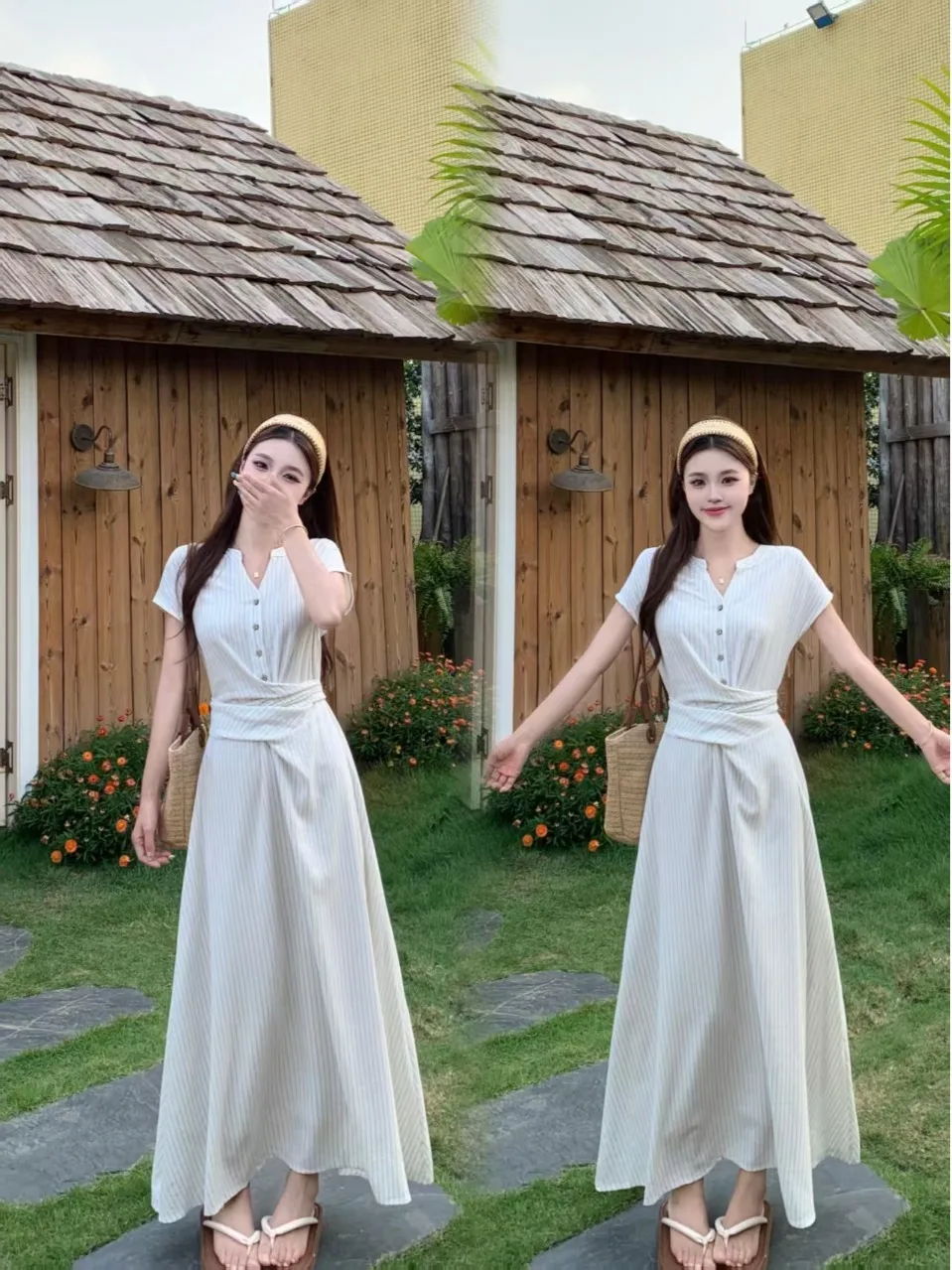 

plus Size Striped Shirt Dress Summer New Style Belted Waist Concealing Slimming Tie Waist A-Line Dress Gentle Style Long Skirt