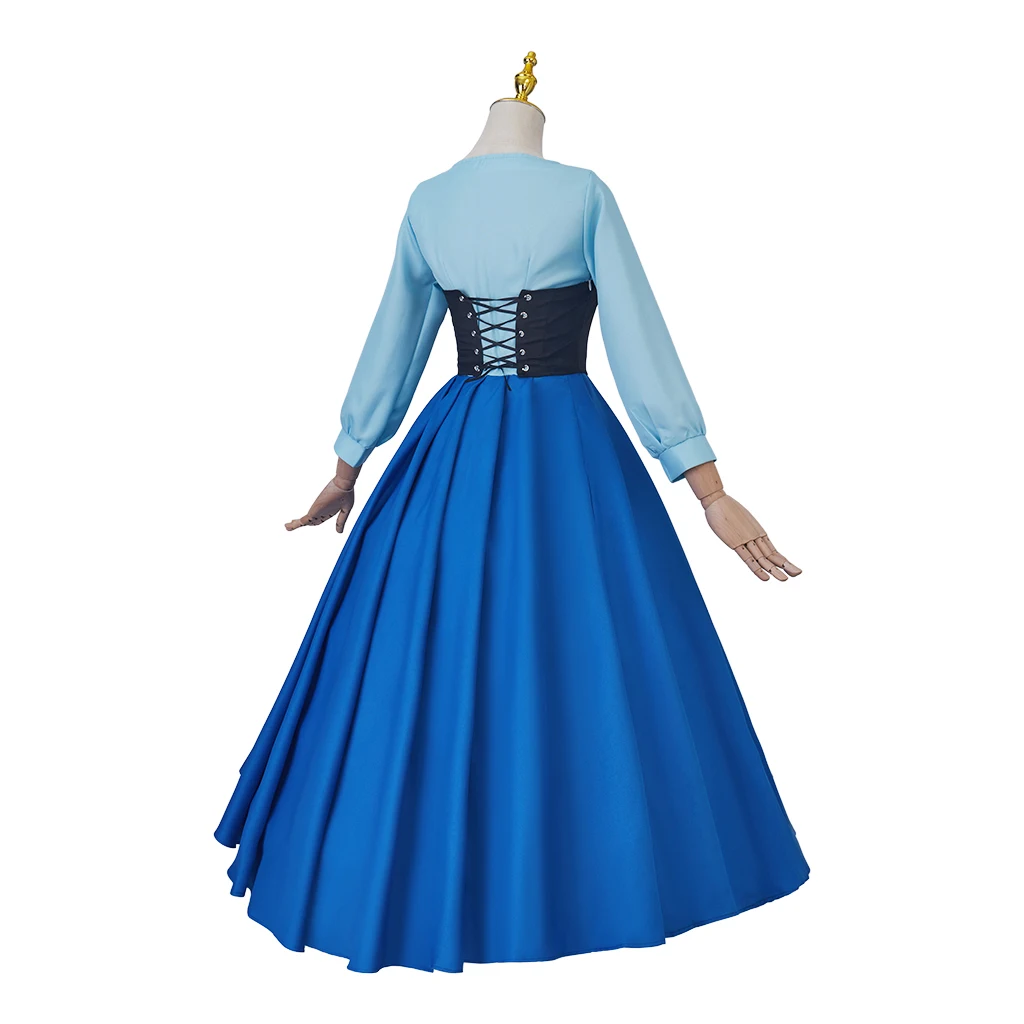 Ariel Princess Cosplay Costumes Long Sleeved Waist Blue Gown Dress  With Bowknot Adult Women Halloween Carnival Outfits