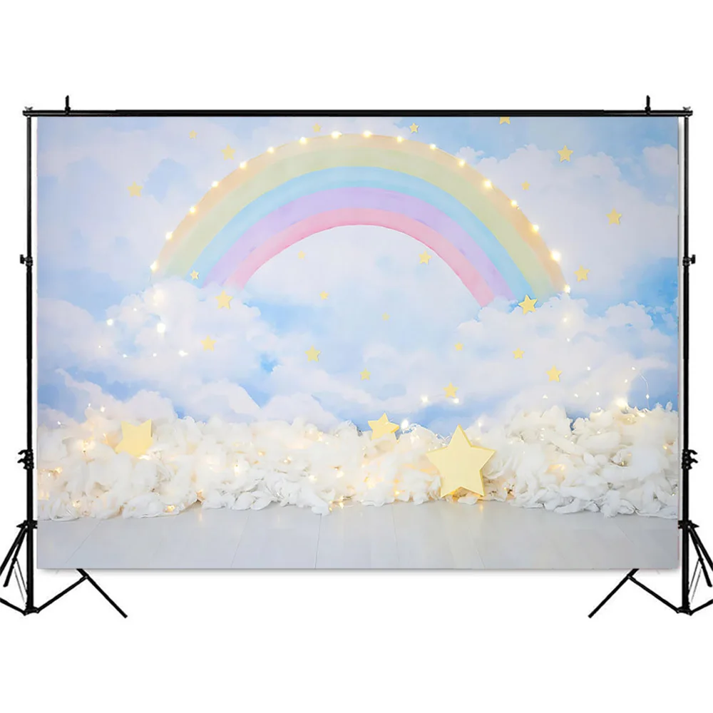 Blue Sky and White Clouds Backdrop for Photography Newborn 1st Birthday Cake Smash Photographic Background Glitter Lights Decor