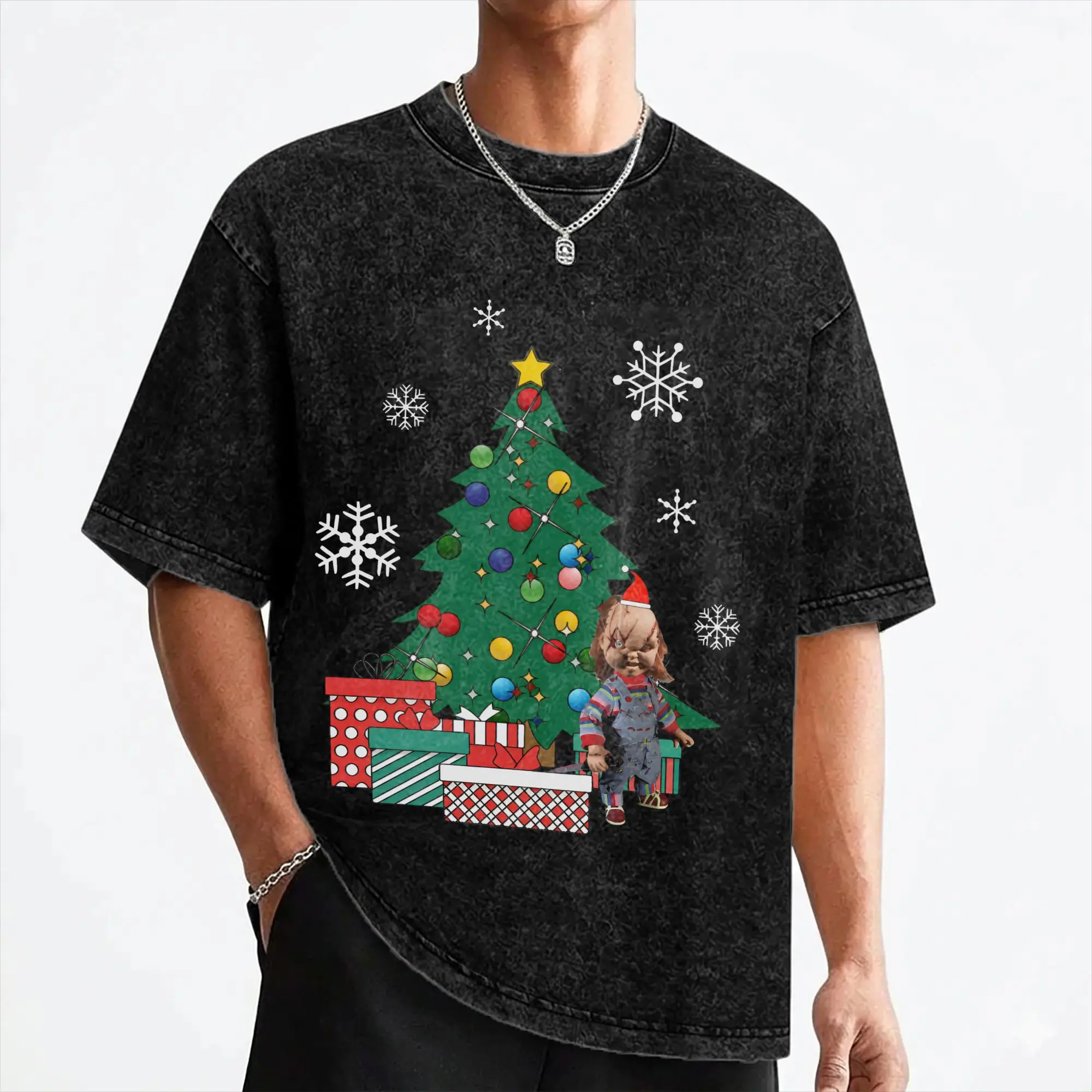 Cartoon Chuckys Merry Christmas T Shirts Washed 100% Cotton Oversize T-Shirts Halloween Men Women Streetwear Tee Shirt