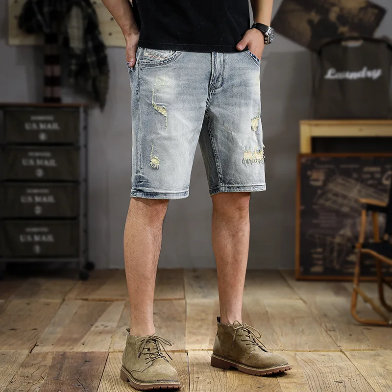 Retro Washed Scrape Men's Jeans Shorts Summer Matte White Slim-Fit Korean Style Ins Fashionable High-End Quality Straight Pants