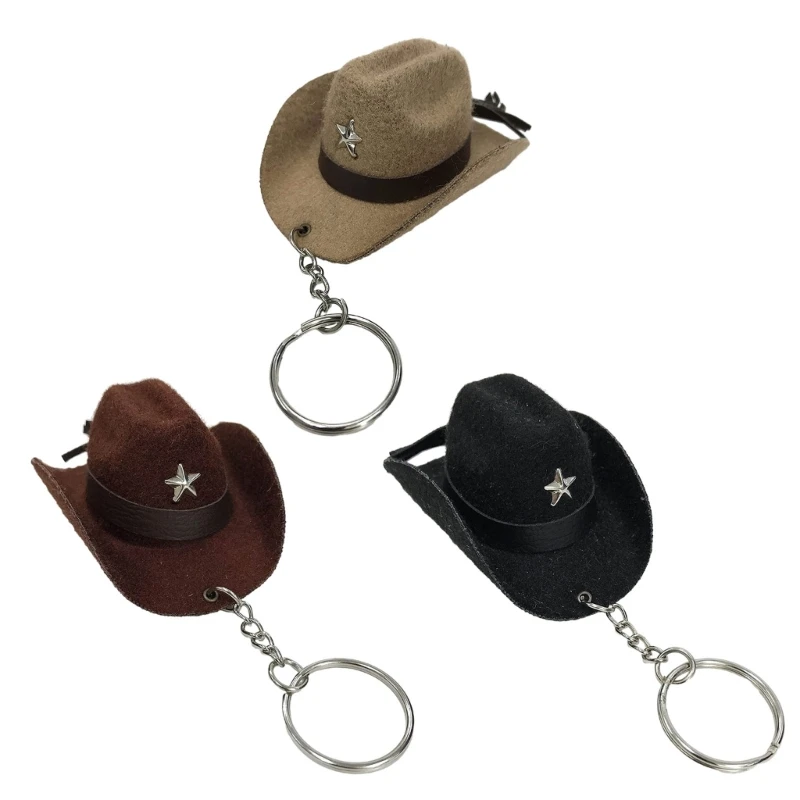 Mini Cowboy Hat Keychain Handmade Key Chains Pendant Accessory with Real Leather 517F