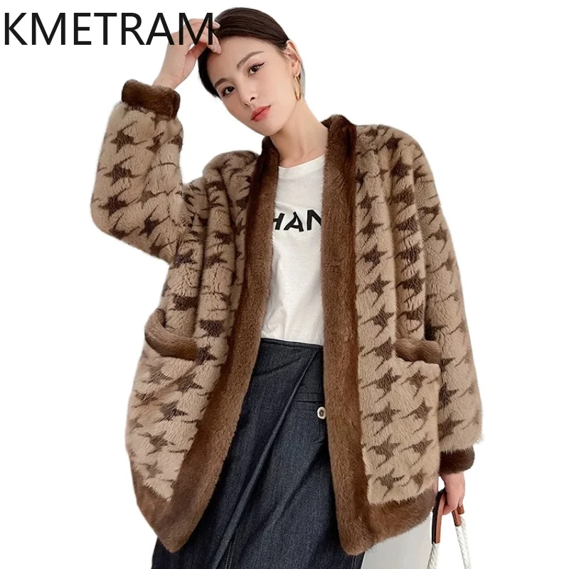 

KMETRAM Women's Velvet Mink Fur Coats Fashion Houndstooth Mink Fur Jacket New Winter Real Fur Coat Woman Clothes 2026 пальто