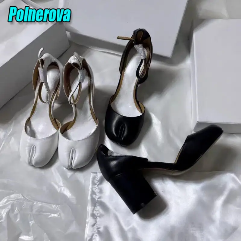 Summer Shallow Split Toe Ankle Buckle High Heels Fashion Designer Solid Patent Leather Round Heel Pumps Party Women Casual Shoes