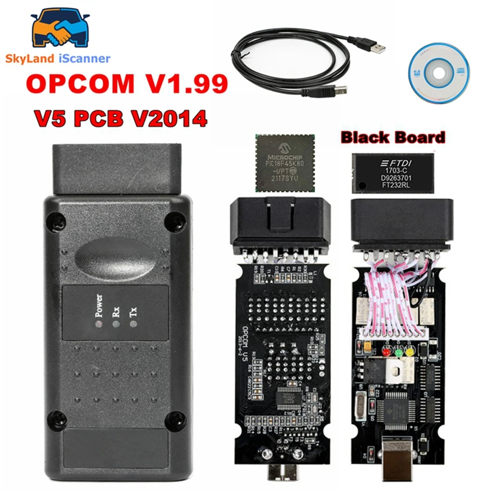 Latest For Opel 2021 flash firmware diagnostic tool black PIC18F45K80 OBD scanning tool OPCOM V1.99 reads and clears fault codes