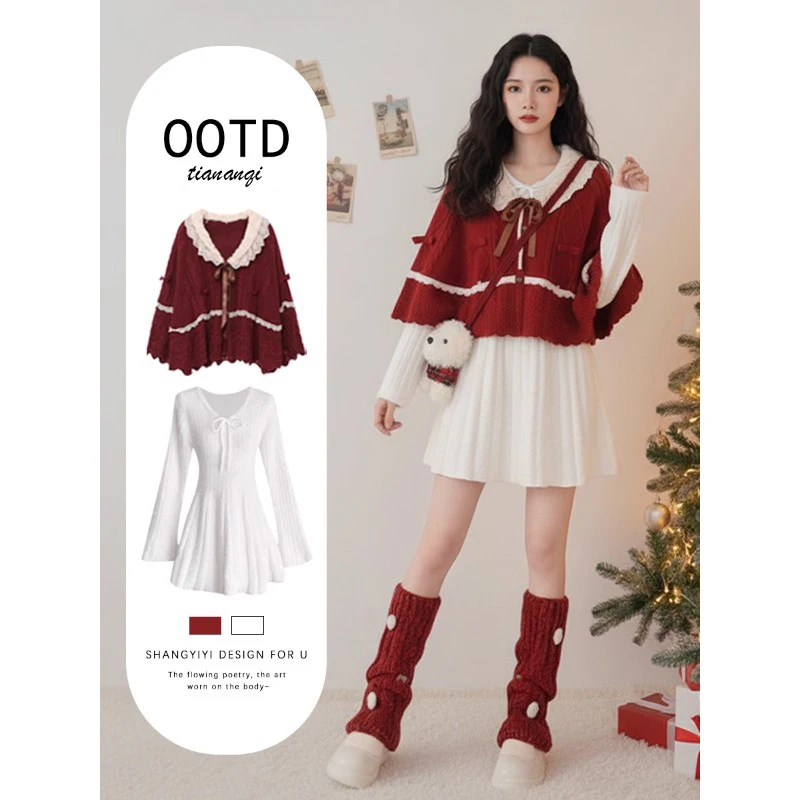 Cisas Red Aosphere Dr Set Gonna ort a vita alta Lunga Sve Coreano Sle Winter Faion Set Sensazione di fascia alta da donna