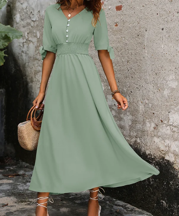 

Commuting leisure high waisted elastic buckle V-neck solid color dress