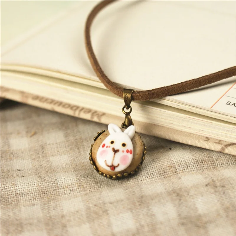 ★Ab44 Handmade Artistic Adorable Rabbit Handmade Ceramic Necklace Cowhide String Special Ornament Choker