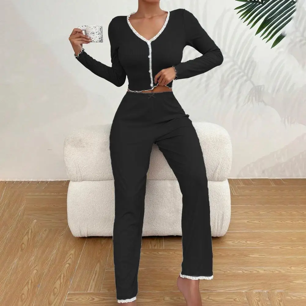 Women Pajama Set Polyester Pajamas Women’s Lace Trim Ribbed Knit Pajama Set Long Sleeve Crop Top with Wide Leg Pants Autumn