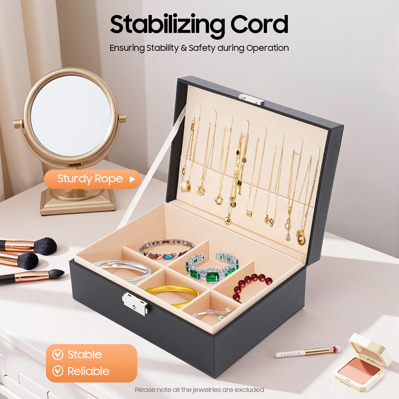 

2-stufiger Schmuck-Organizer Security Lock Black PVC Tabletop for Storing Rings Earrings Bracelets Brooches Watches Necklaces