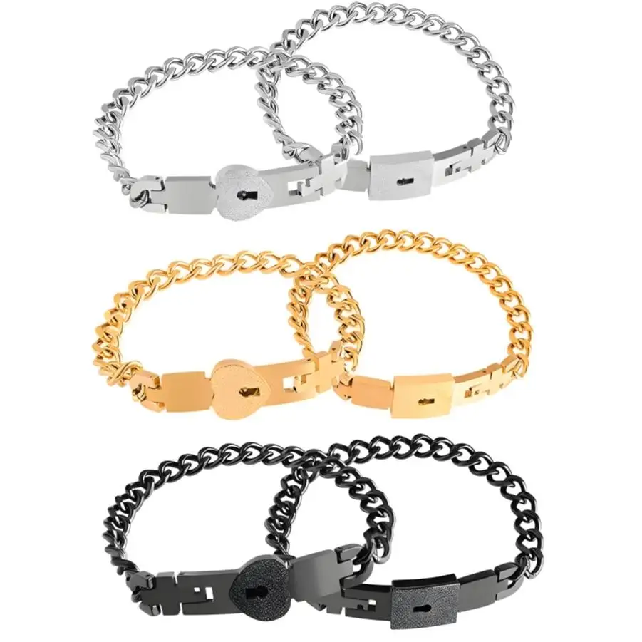 2Pcs Couple Heart Lock Bracelets Set Stainless Steel Lock & Key Bangle Matching Bracelets Valentine Jewelry Gift For Men Women
