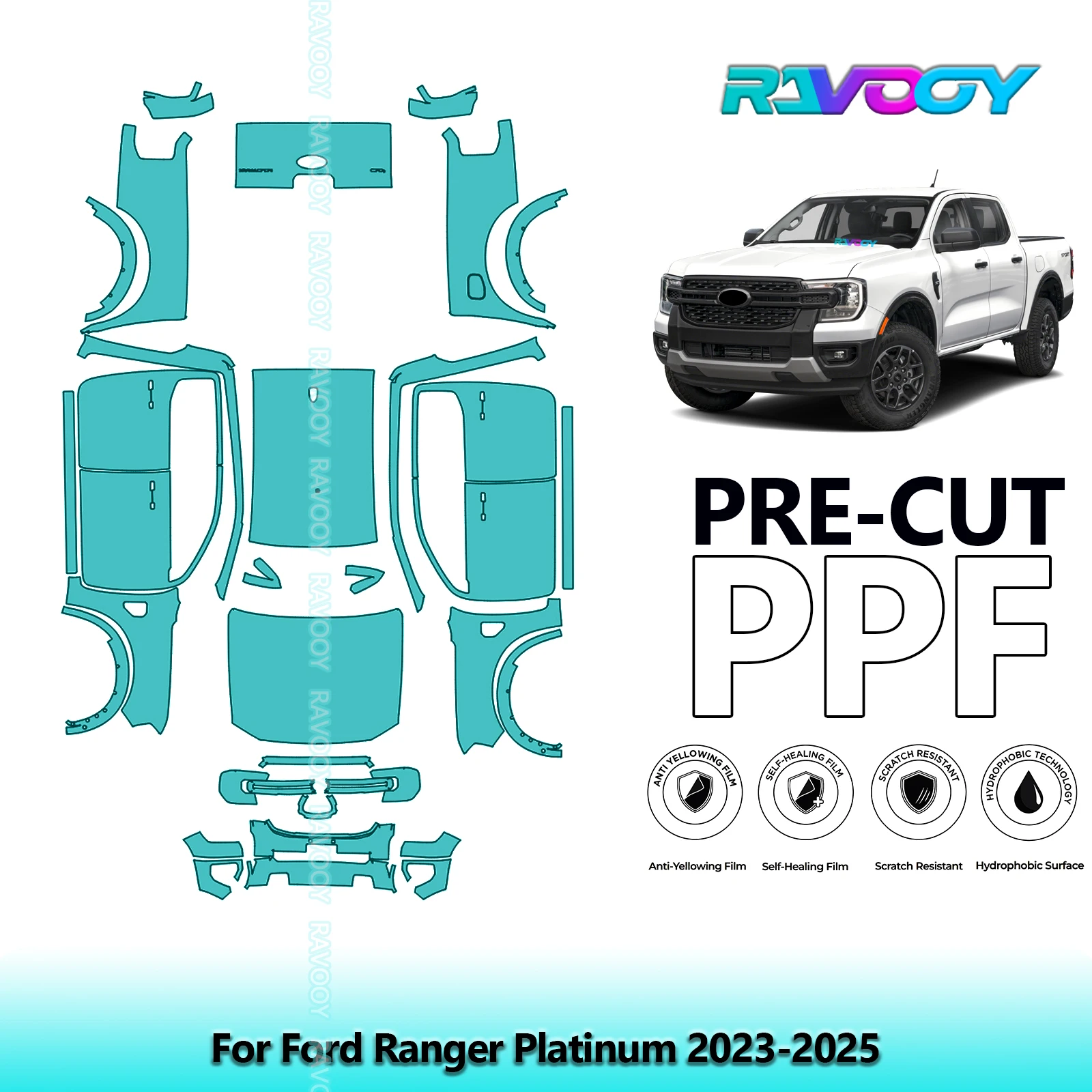 Car Precut PPF Paint Protection Film Full Vehicle For Ford Ranger Platinum 2023-2026 8.5mil Clear Bra Self-Healing TPU Invisible