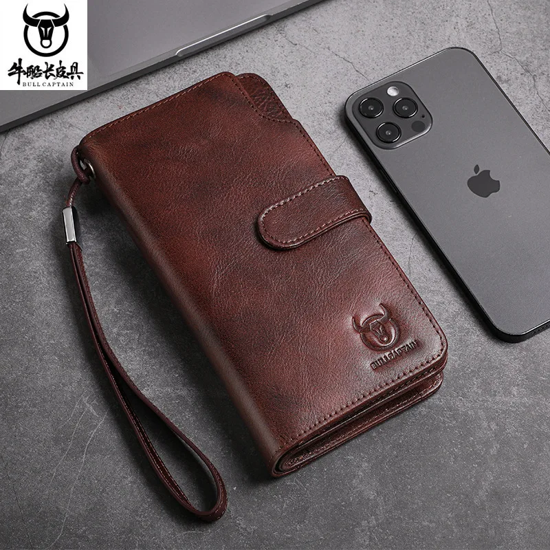 Long wallet men real leather buckle zipper youth cowhine multi-function mobile phone storage travel wallet
