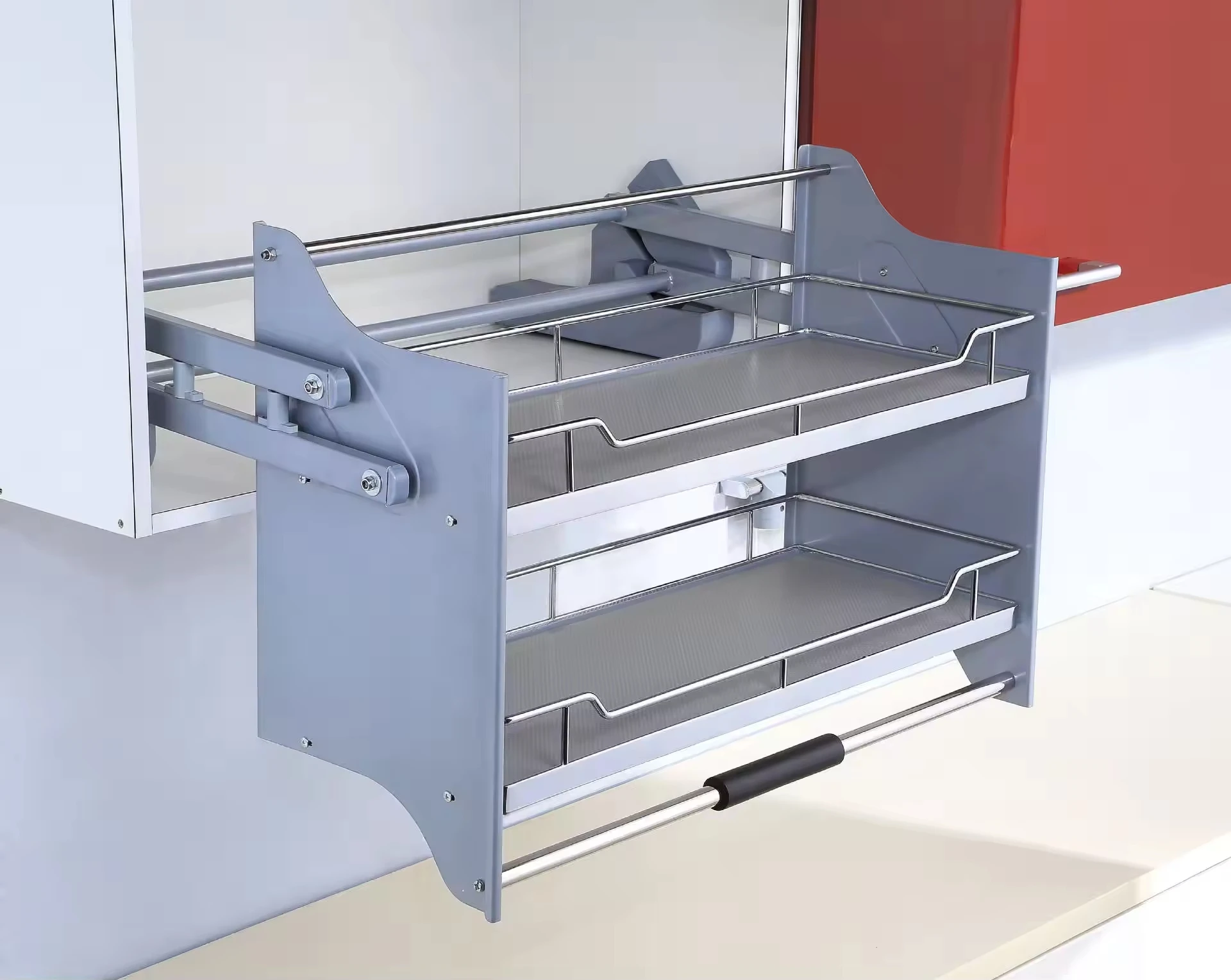 Modern Space Saving Adjustable Kitchen Lift Cabinet Soft Closing Double Pull Down Shelf Lifting Drawer Baskets Elevator Rack