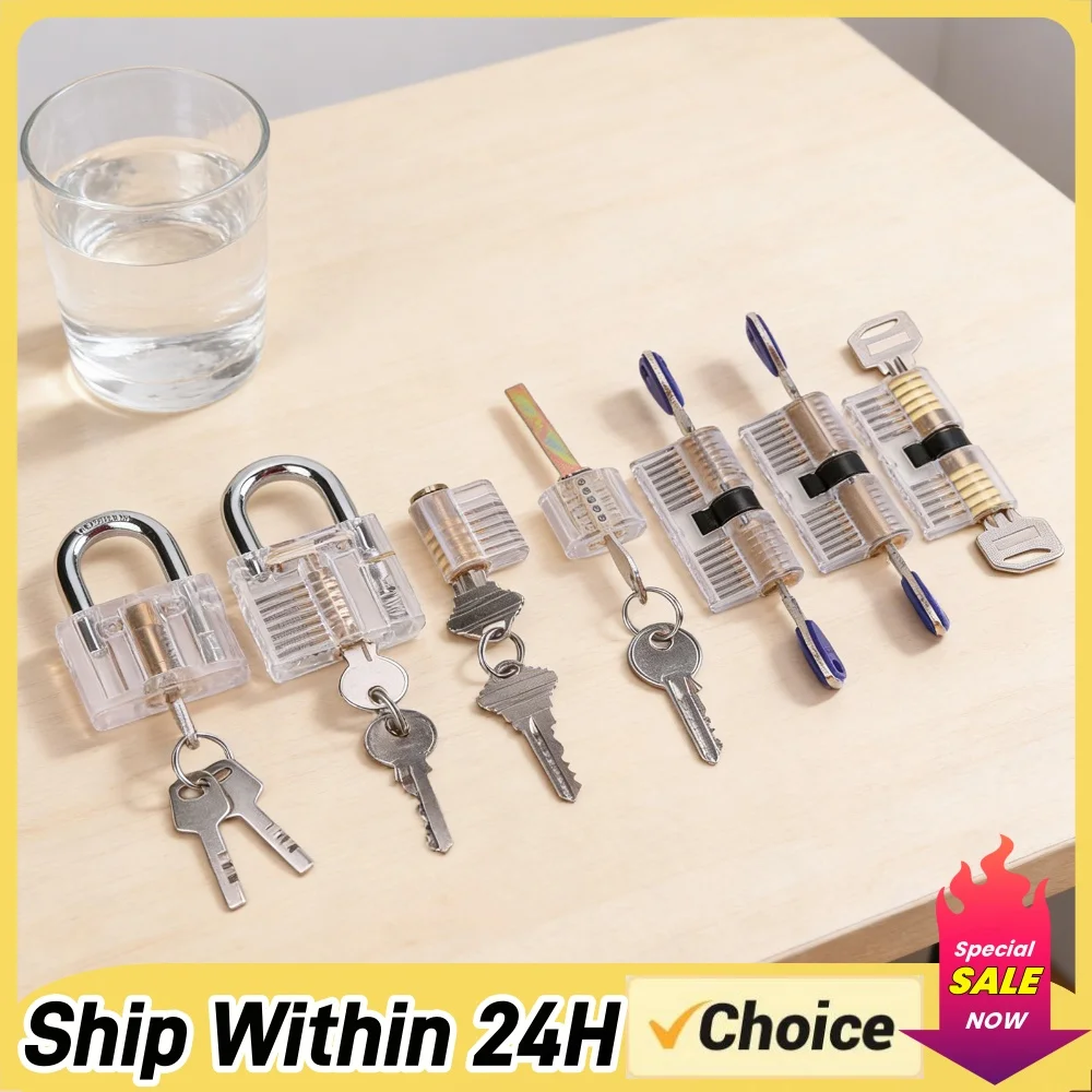 7PCS Visible Lock Pick Sets with 14 Keys Transparent Training Locks Practice Lock Set for Beginner and Locksmiths Training