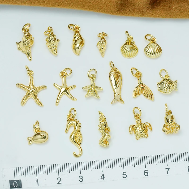 4 Pieces Brass Glossy Sea Creature Pendant for Diy Necklace Connector Jewelry Making Conch Scallop Fish Seahorse Starfish Turtle