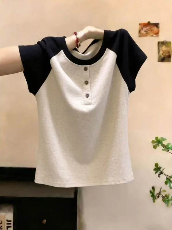 

Fashionable Short Sleeve T-Shirt Women's Slim Fit Chic Shoulder Insert Color Block Top Korean Style Breathable Cotton Blend