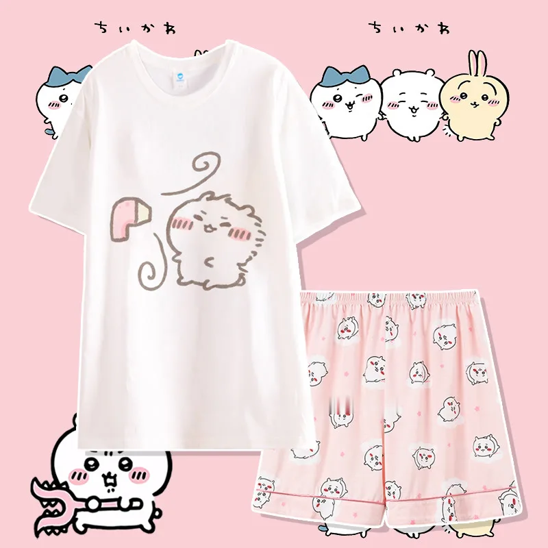 Anime Chiikawa Pajamas Summer Cotton Round Neck Short Sleeved Pants Loose Casual Comfortable Cute Cartoon Chiikawa Home Clothes