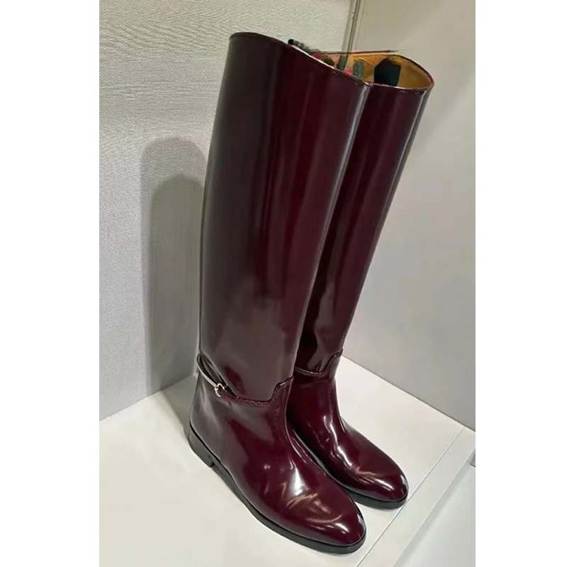 Claret Round Toe Metal Decoration Flat Heel Knee-High Boots Woman Winter 2025 New In Black Slip-On Boots Fashion Shoes for Women