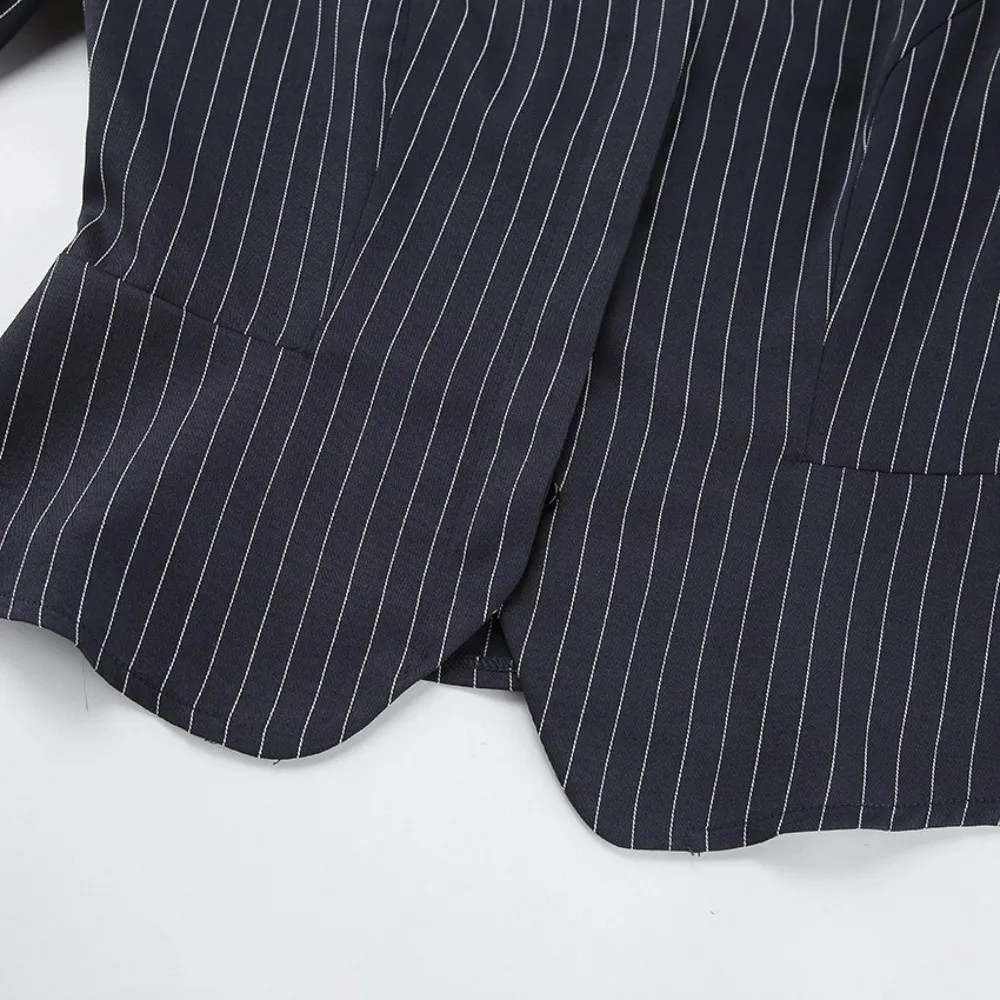 Modern Stripe Print Two Piece Skirt Outfit High Waist Fitted Waist Blazer Set Halter Neck Skirt Suit For Office