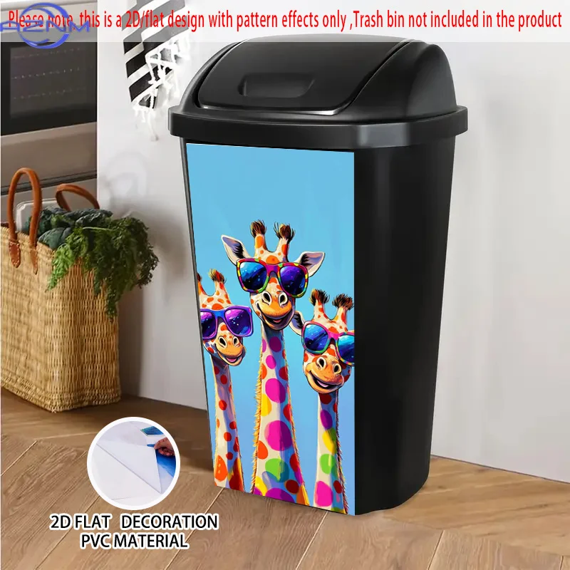 Giraffes with Sunglasses Pattern Self-Adhesive Dustbin Stickers, PVC Trash Can Decorative Stickers, Wheelie Bin Stickers, 37.0