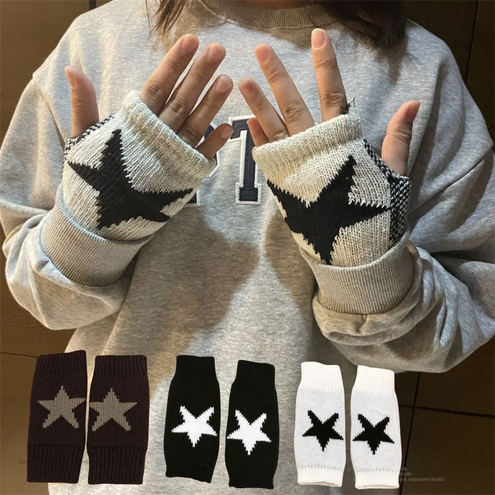 Guantes de punto de medio dedo para hombre y mujer, manoplas de lana cálidas coreanas, Estrella Y2K, sin dedos, invierno, nueva moda