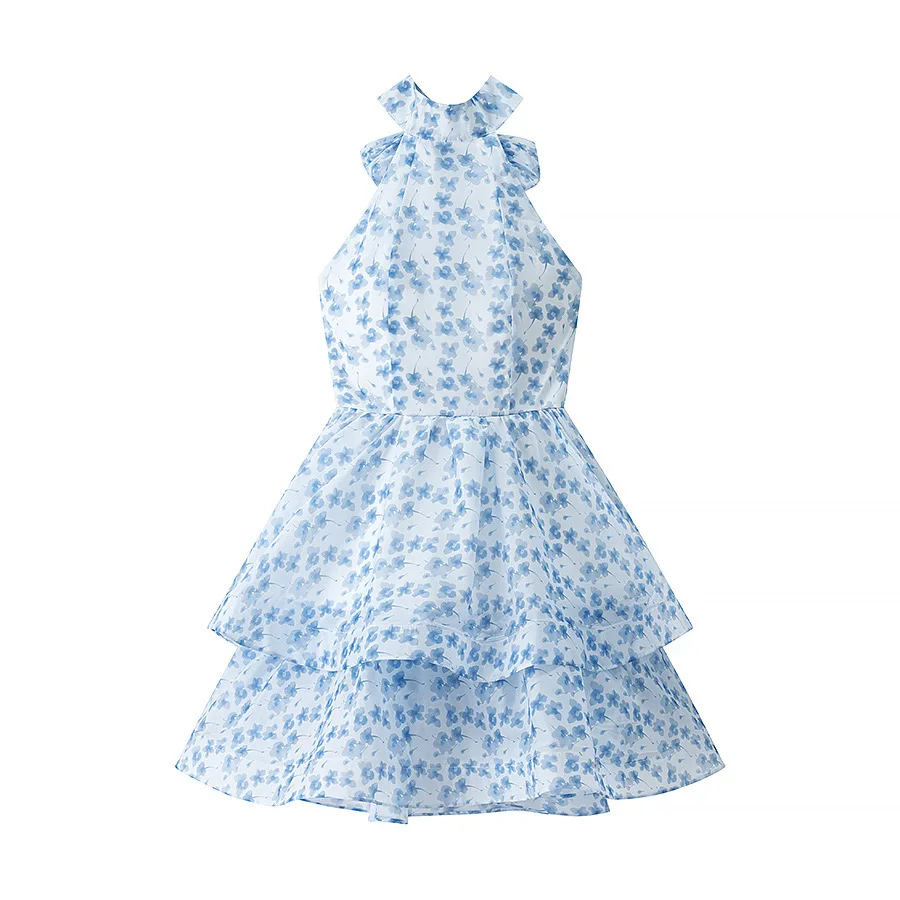 

Women 2025 Resort Printed Backless Mini Dress Elegant Pleated Backless Lace-up Ball Gown Women Sweet Short Luxury Party Dress