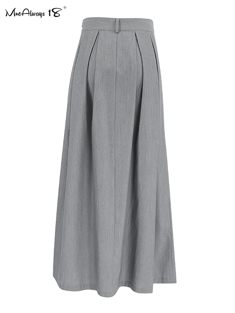 Mnealways18 Gray Pleated Evening Women A-Line Skirts Elegant Women High Waist Midi Skirts Party 2024 Casual Loose Ladies Skirts