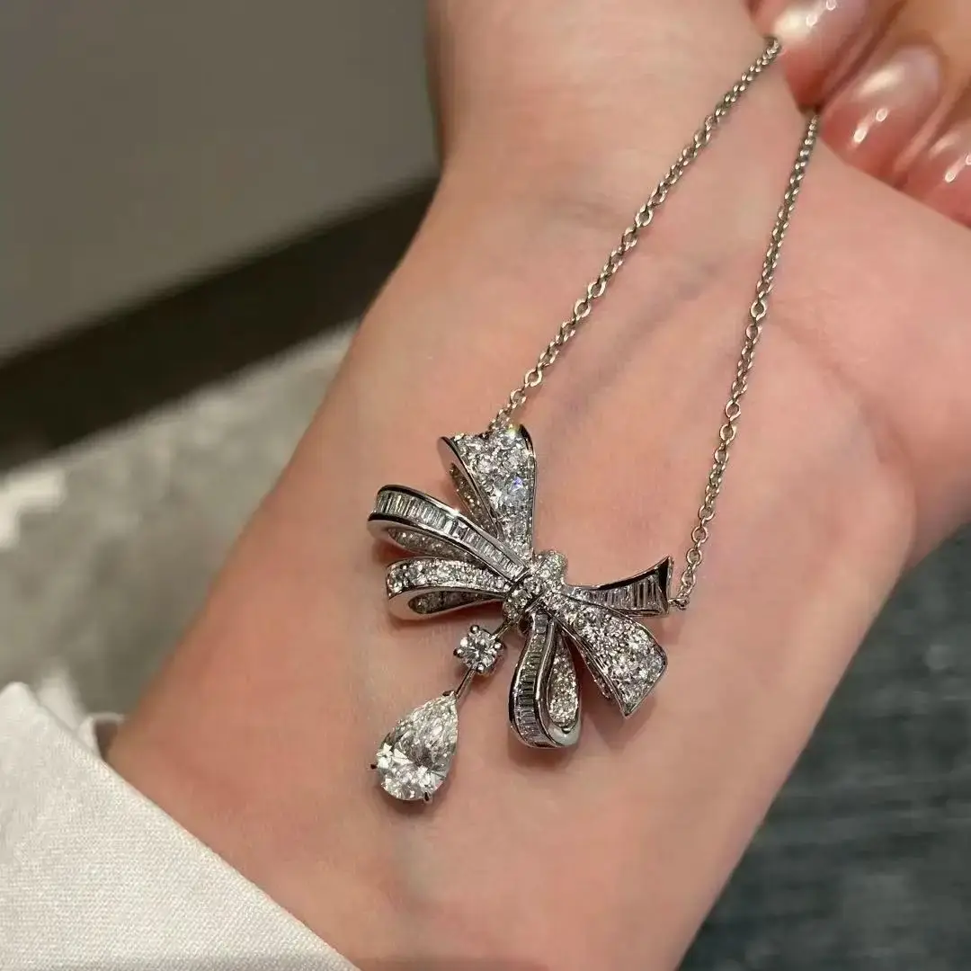 

2025French Luxury Moissanite Bow Women's Necklace S925 Pure Silver Elegant Necklace Commemorative Valentine's Day Party Gift