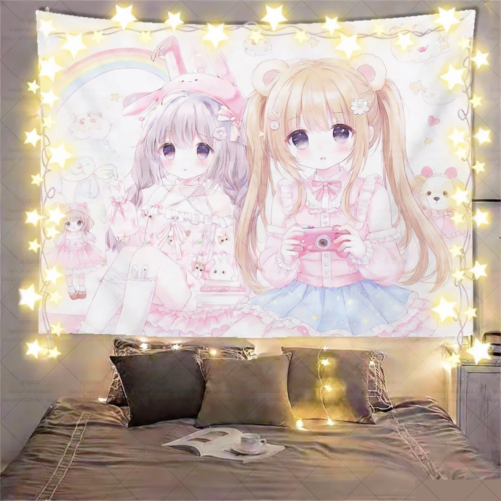 Pink-themed teenage girl, anime-style room, dormitory, bedroom decoration, arrangement, background fabric, warm wall fabric, han