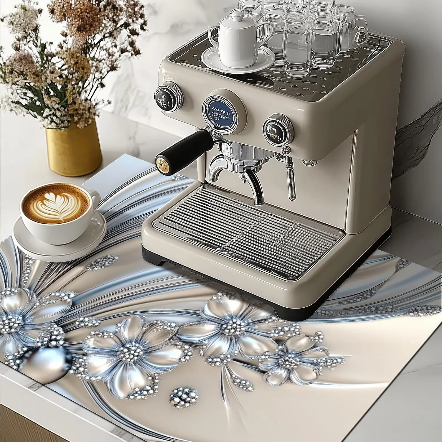 Silver Flowers Stove Top Cover Heat Resistant Non Slip Protector Mat for Electric Cooktop Dish Drying Coffee Bar Decor Pad