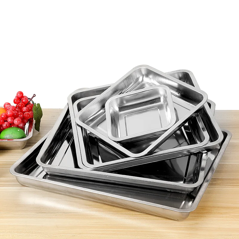 Square Stainless Steel Kitchen Storage Tray Serving Plate for Food Cake Baking Bread Pans Dishes Bakeware Organizer Container