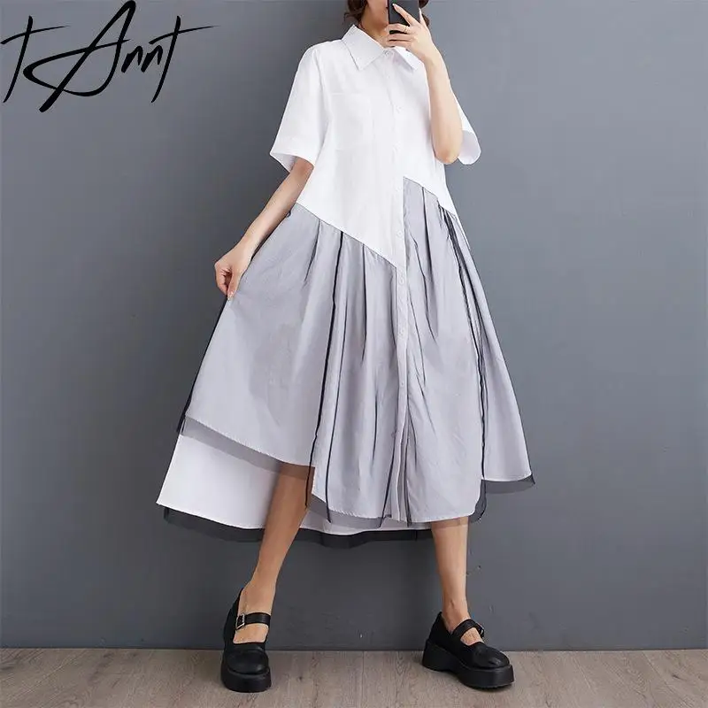 Tannt Women Dress Patchwork Mesh Splicing Asymmetry Shirts Dresses Black White Color Matching Long Summer Dresses Women 2024