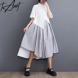 Tannt Women Dress Mesh Patchwork Asymmetry Shirts Dresses Short Sleeves Color Matching Loose Casual Dresses For Women 2024 New