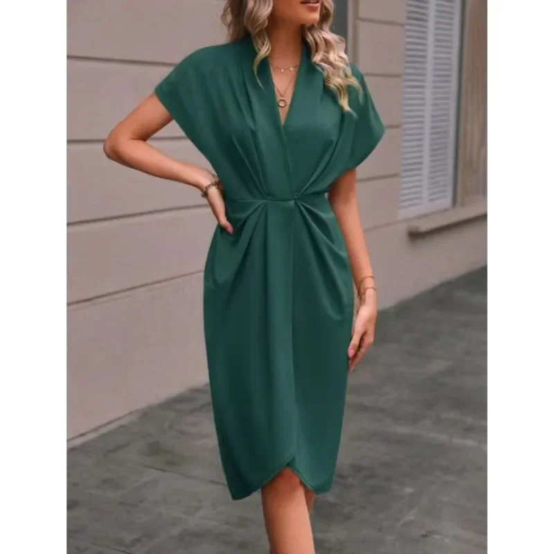 Women Elegant Short Sleeve Midi Dress New Spring Summer Sexy Deep V Neck Draped High Waist Office Party Boho Long Dresses