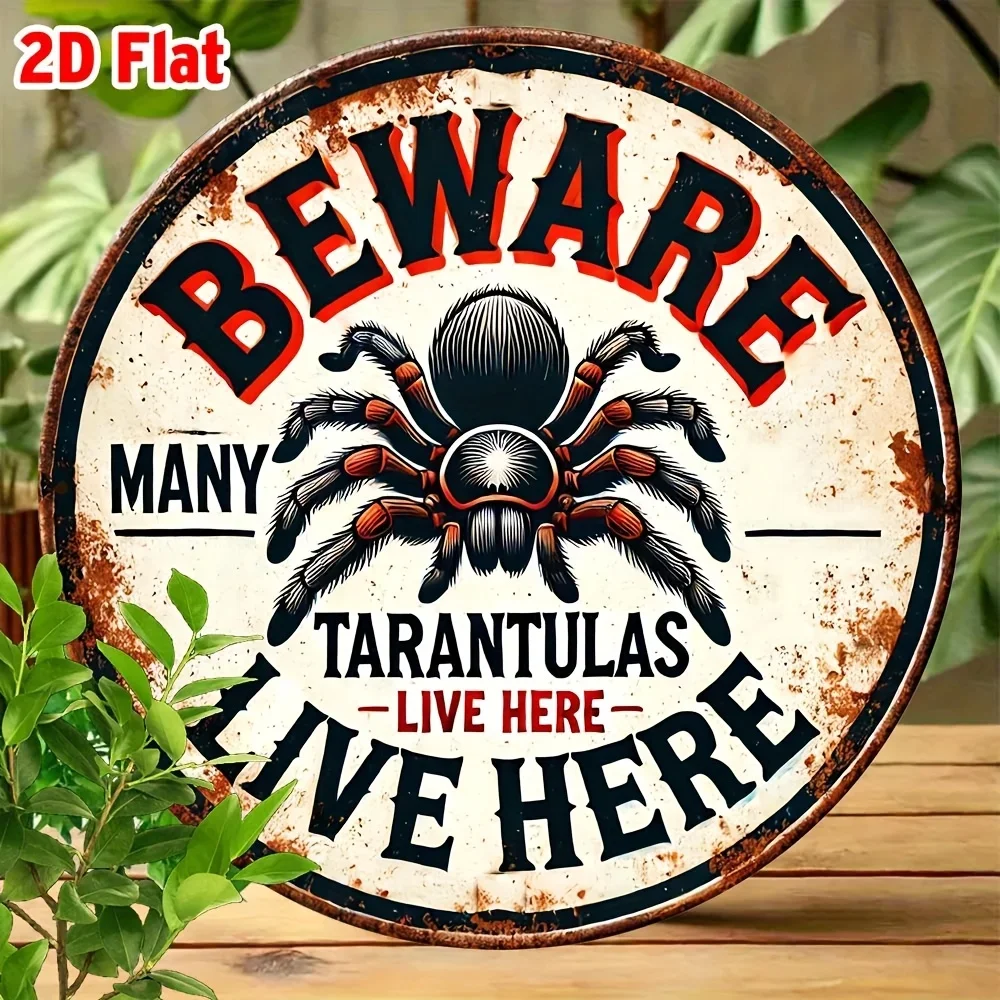 Beware Many Tarantulas Live Here Round Metal Sign, 1pc 2D Flat Vintage Distressed Decorative Tin Plaque, 20x20cm Spider Lover Ga