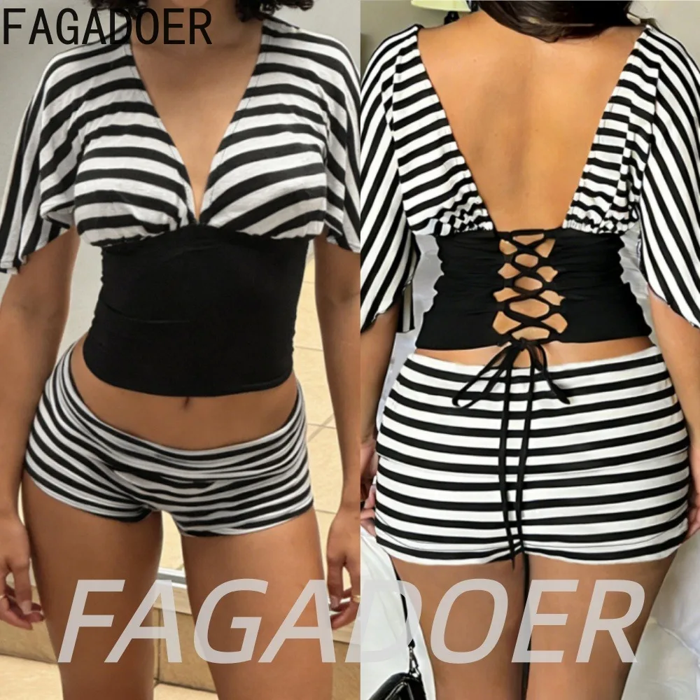 

FAGADOER Fashion Striped Patchwork Shorts Two Piece Sets Sexy V Neck Black Bandage Crop Top and Bodycon Shorts Suits Streetwear