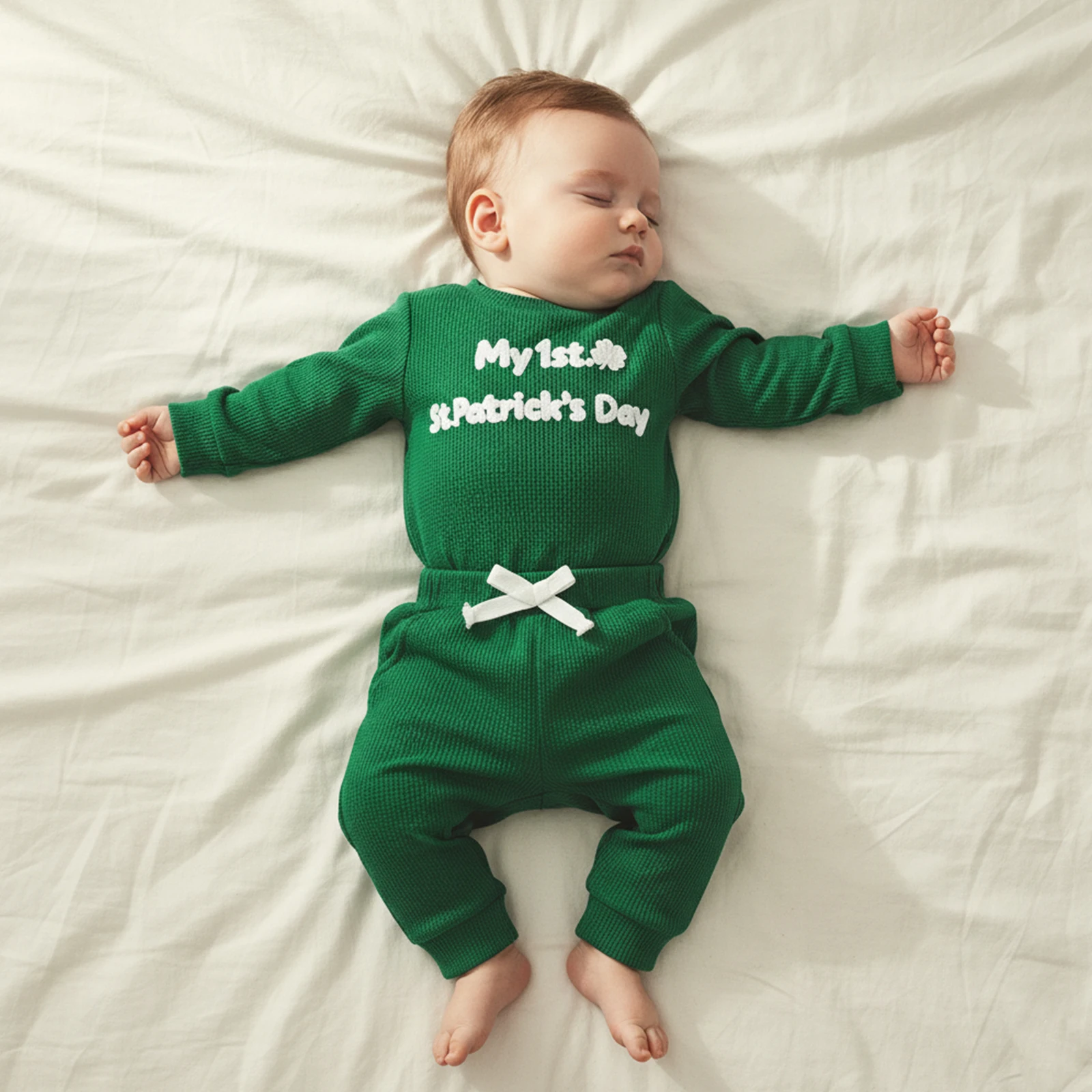 2Pcs Infant Boy Girl Outfits Letters Clover Embroidery Long Sleeve Crew Neck Romper and Elastic Waist Joggers Pants Set