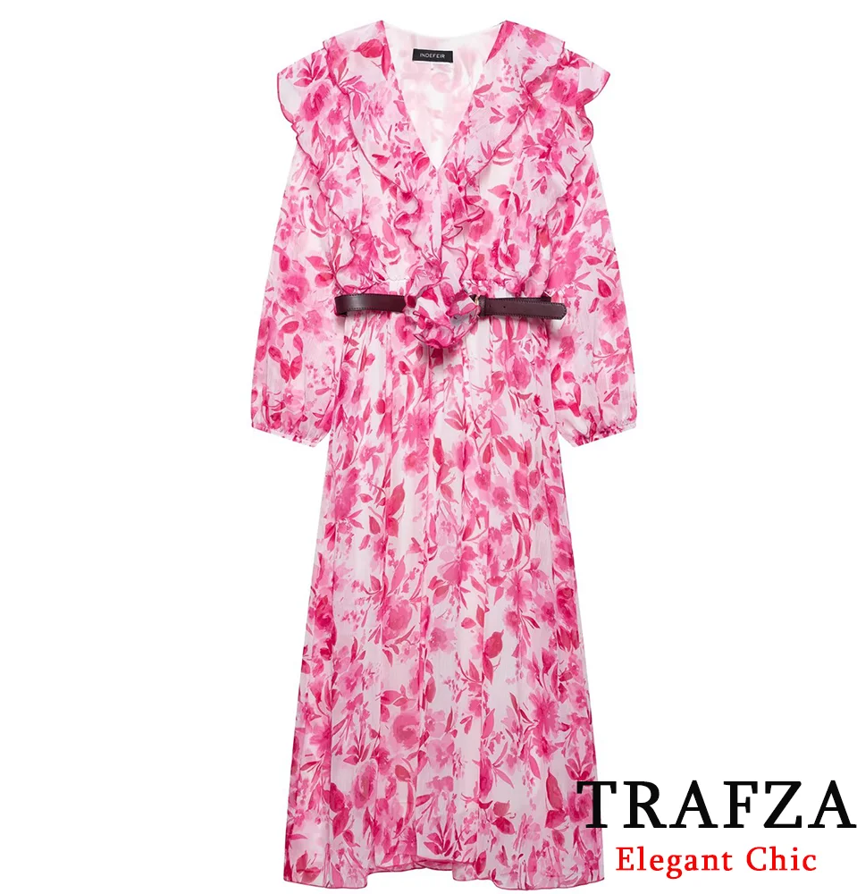 

TRAFZA-Women Casual Print Midi Dress Belt V-Neck Flower Slim Dress 2025 New Summer Fashion Garden Vacation Pastoral Dress